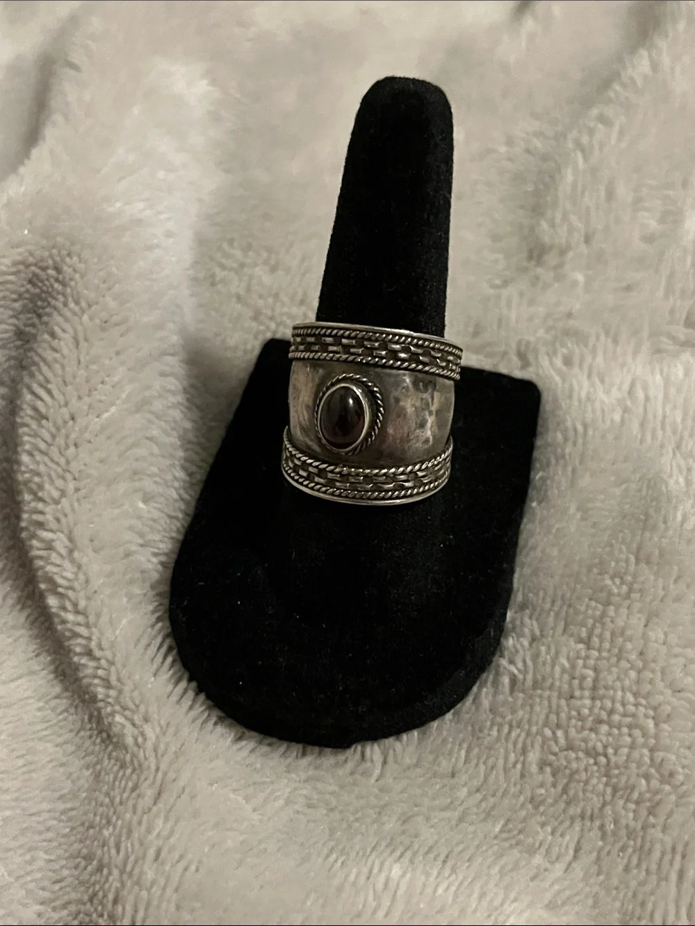 Vintage Sterling Silver Wide Band Ring with Red Stone